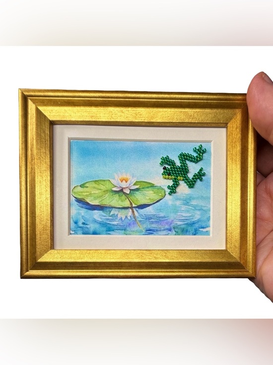Hand Crafted Other - Handmade Beaded Frog Art in Gold Frame Tiny Framed Lily Pad Scene Mini Decor